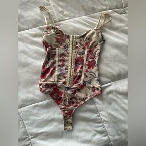 Free People Floral Bodysuit in Red and Cream